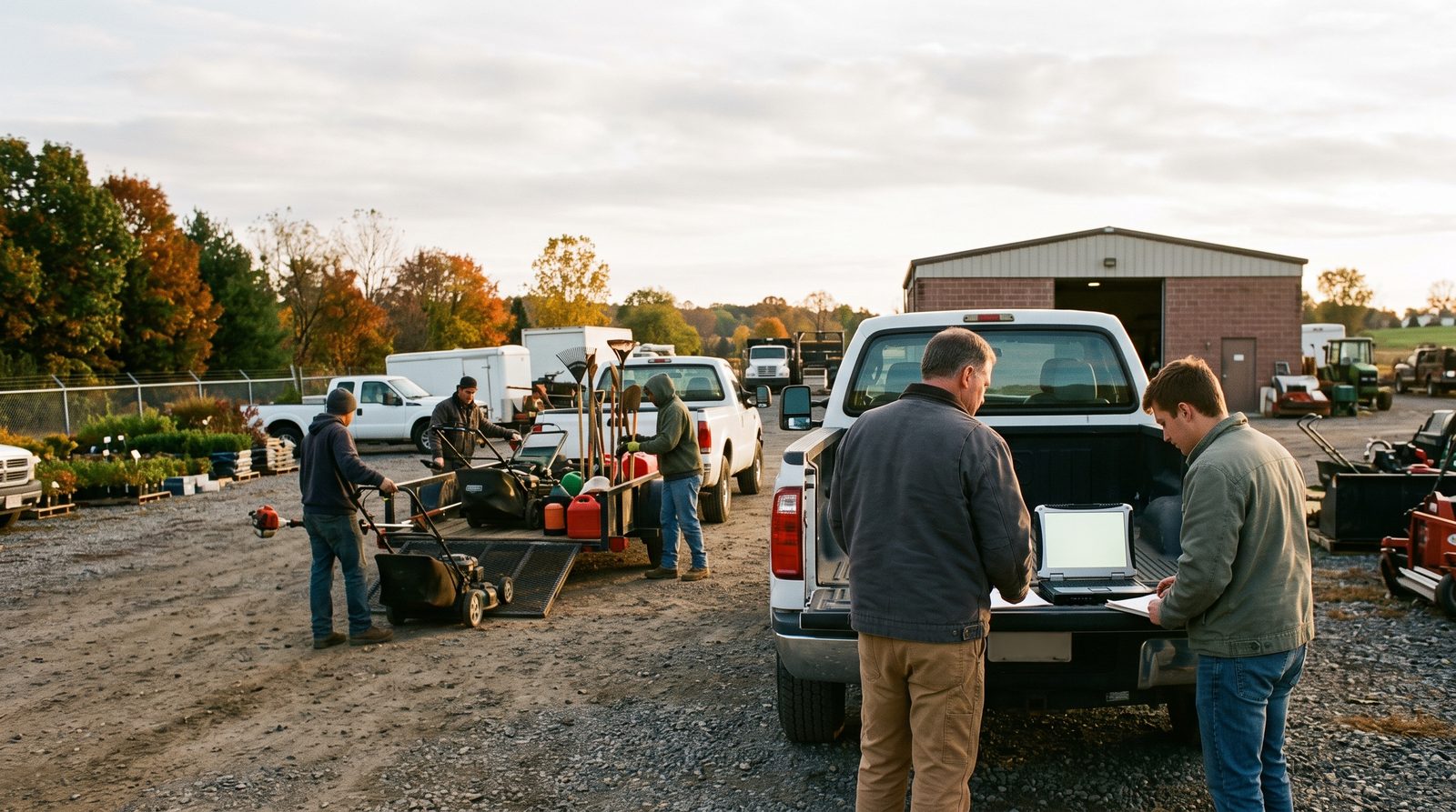 Early morning in a landscaping company yard: the owner and a second person go over a laptop at a truck tailgate while the crew loads a trailer