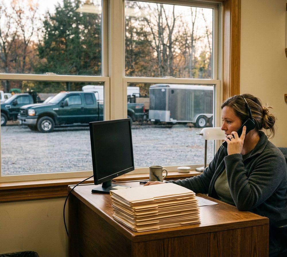 An office manager at a landscaping company takes a call at her desk, work trucks and a trailer in the yard outside the window