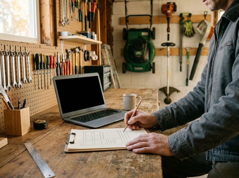 An owner sketches a simple page layout on paper at a garage workbench, laptop beside him and lawn equipment on the wall