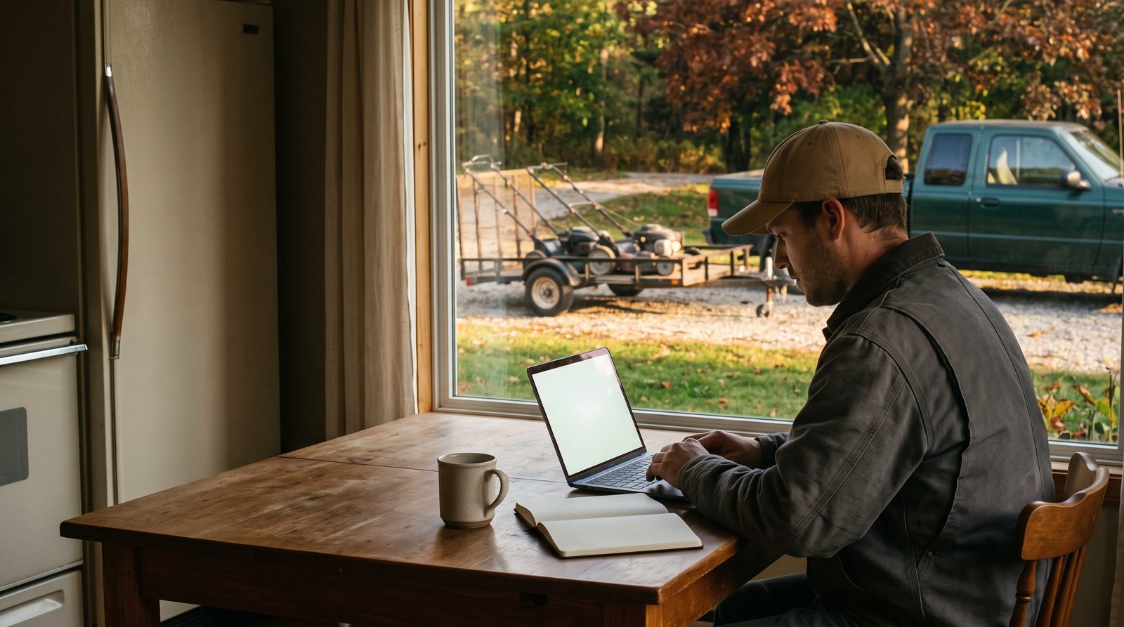 The owner of a small lawn care company works at a laptop at the kitchen table, a trailer of mowers in the driveway outside