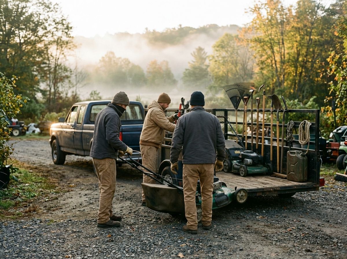 A crew loading mowers and tools onto a trailer at dawn