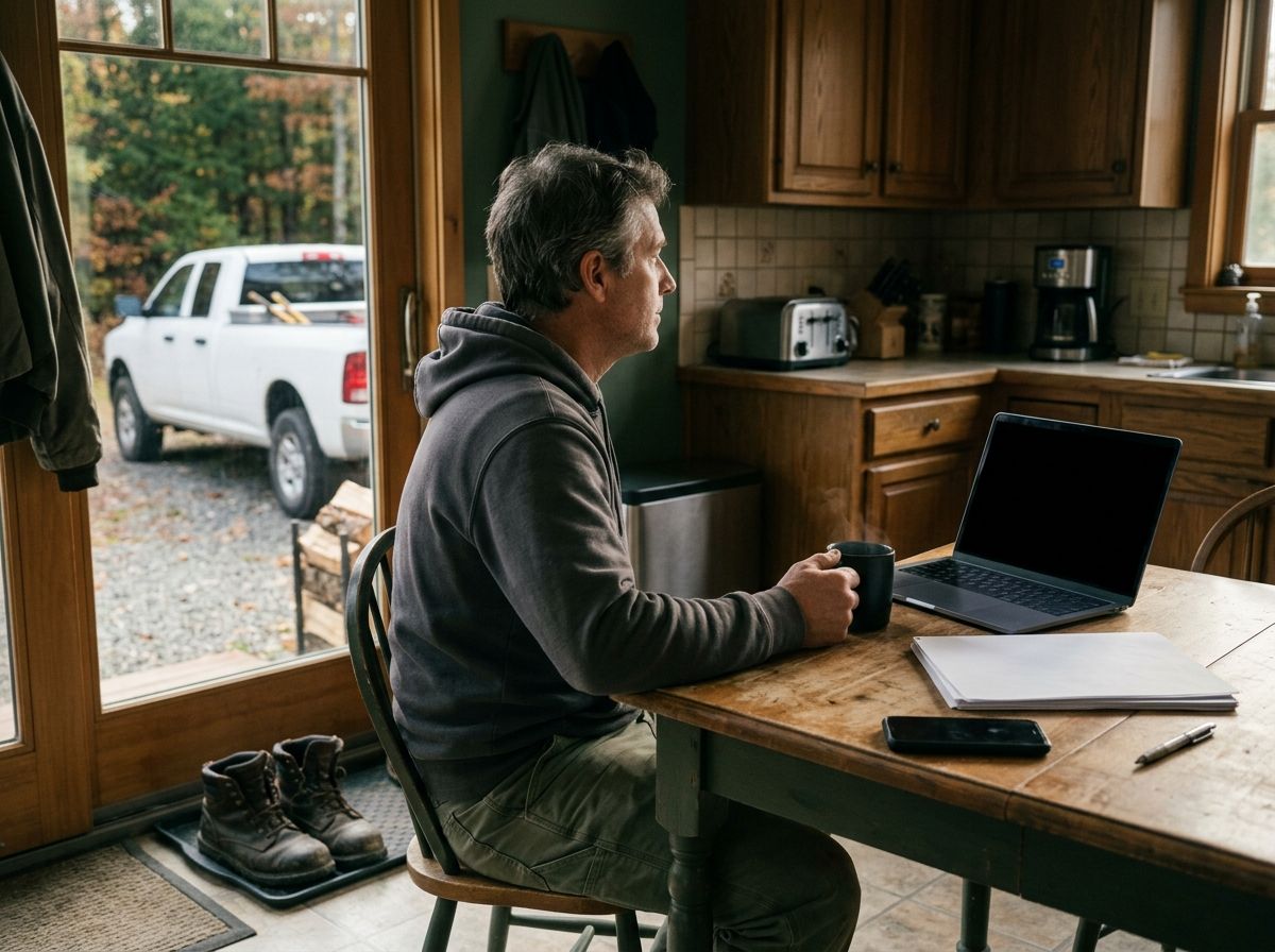 An owner at the kitchen table early in the morning, laptop open, work truck in the driveway