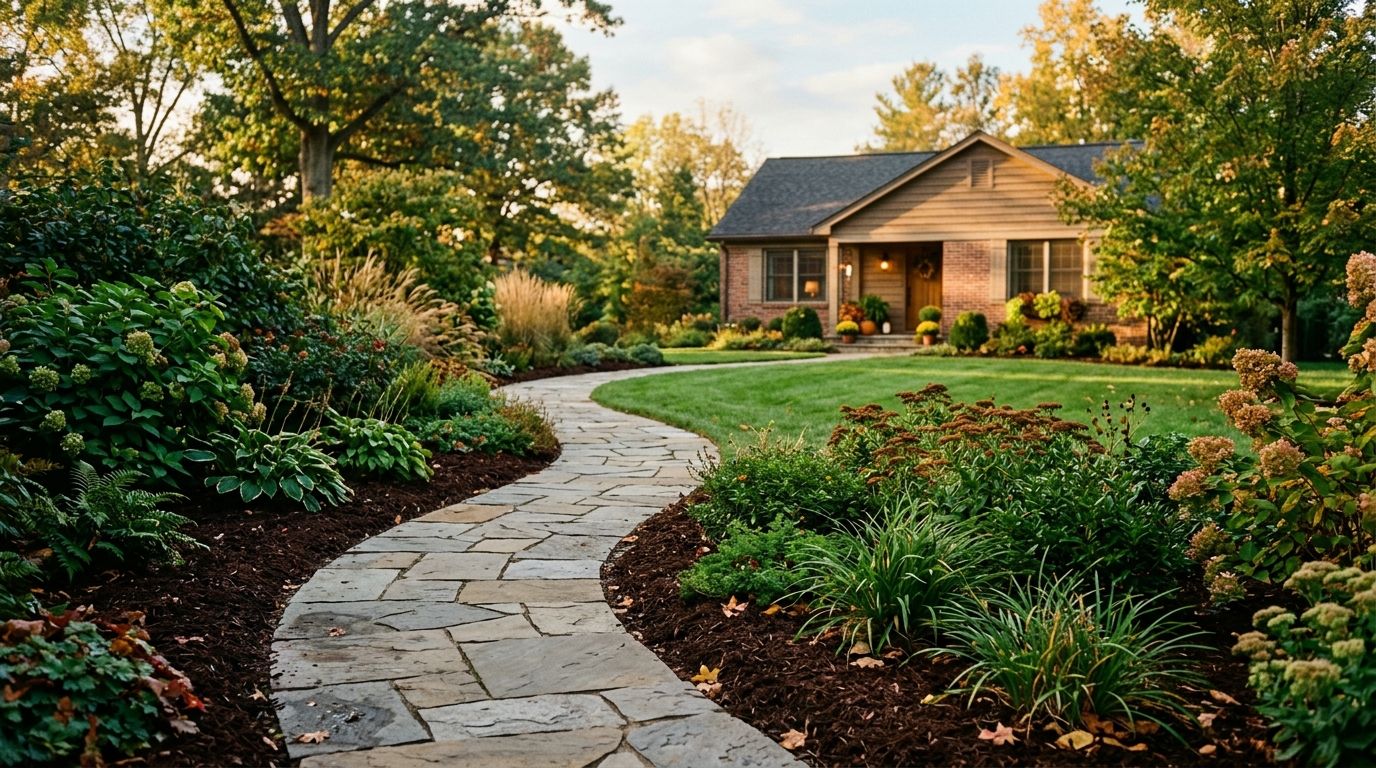 A finished landscape: a stone path through planted beds toward a house at golden hour