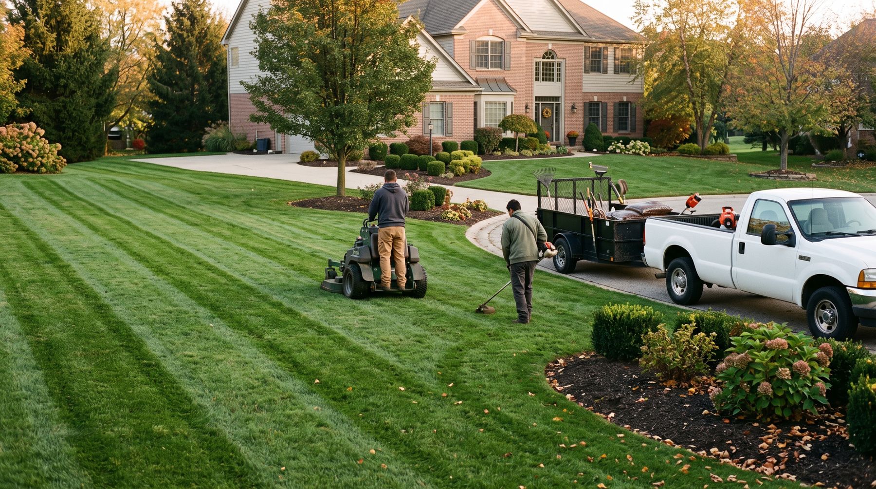 A lawn crew mowing and edging a well-kept front lawn, work truck and trailer at the curb
