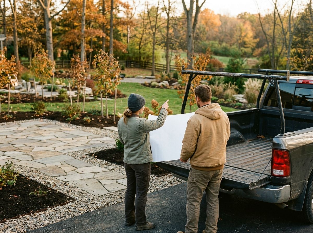 Two people at a truck tailgate going over a site plan in a landscaped backyard